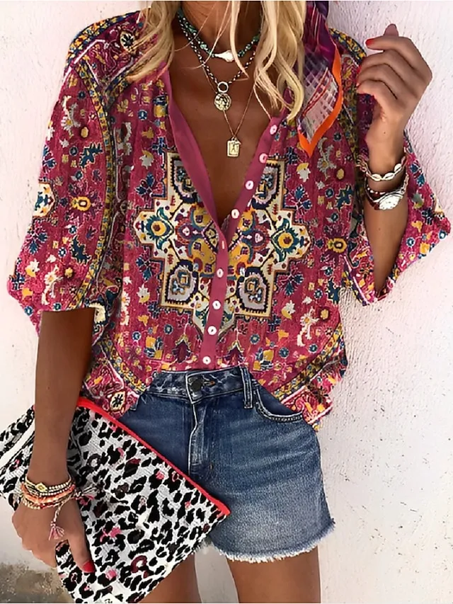 Women's Shirt Blouse Pink Red Blue Graphic Button Print Long Sleeve Casual Basic V Neck Regular Fit Spring Fall