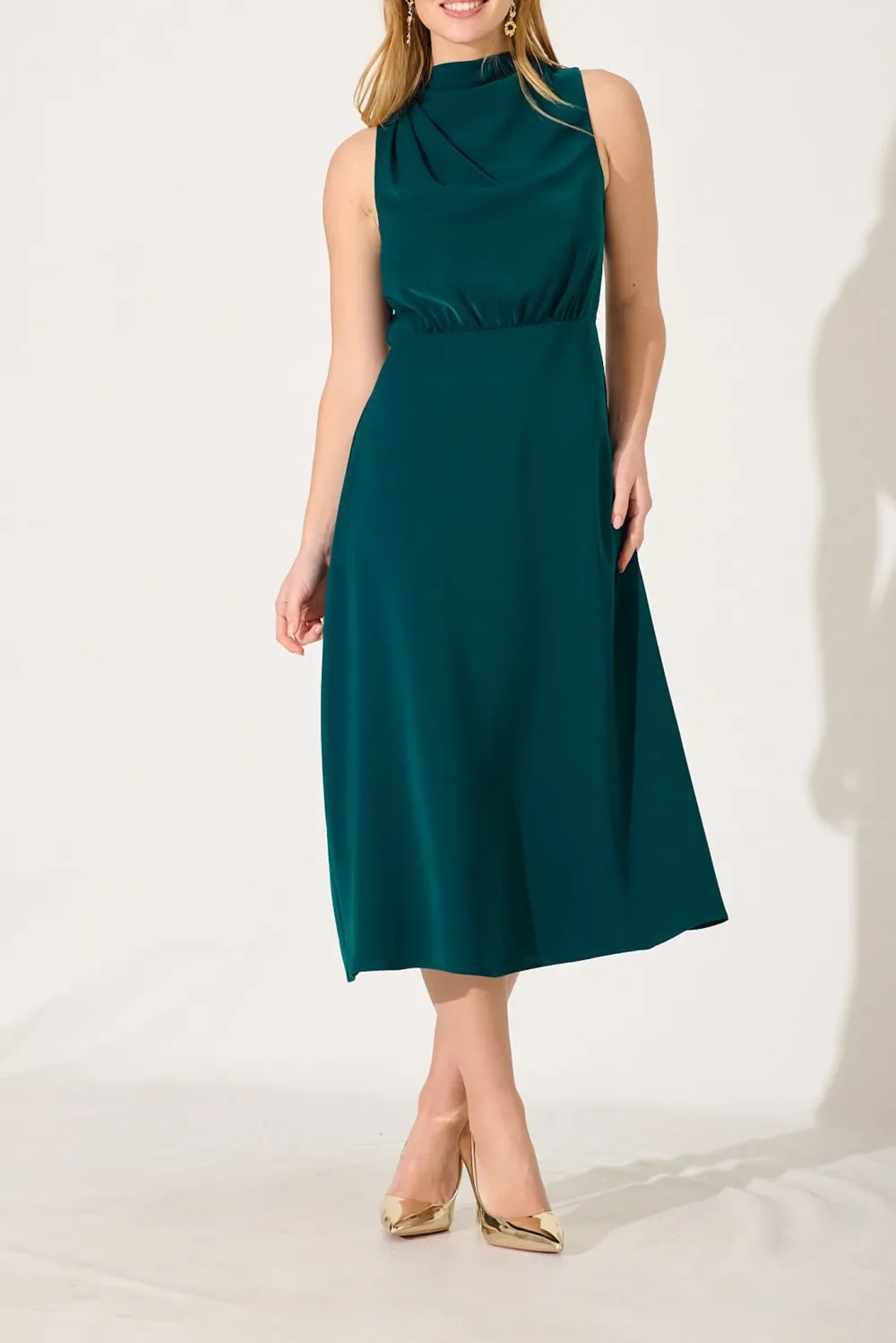 Dark Green Sleeveless Mock Neck Midi Dress