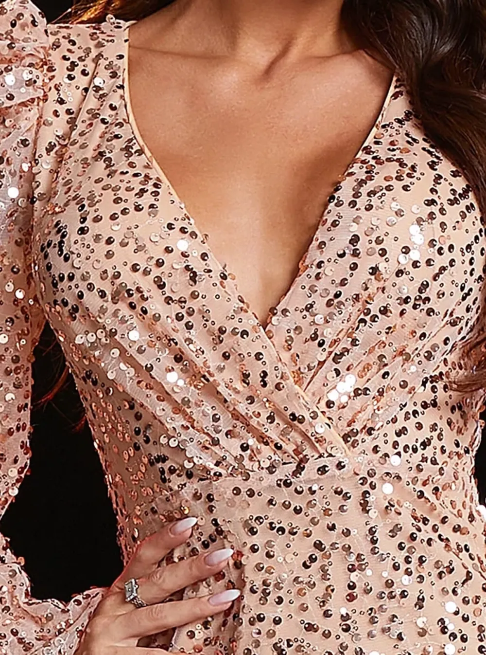 Lantern Sleeve V-neck Sequin Cocktail Dress