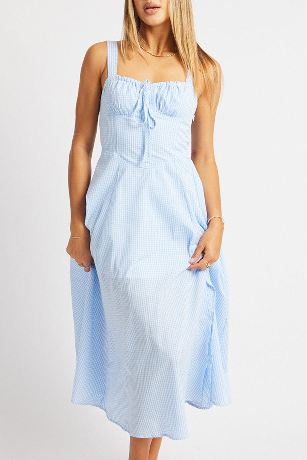 Blue Check Midi Dress Gathered Bust