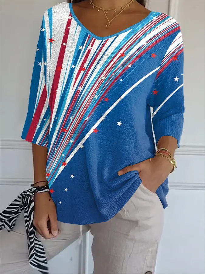 Women'S Star Stripe Print V-Neck Long-Sleeved Shirt