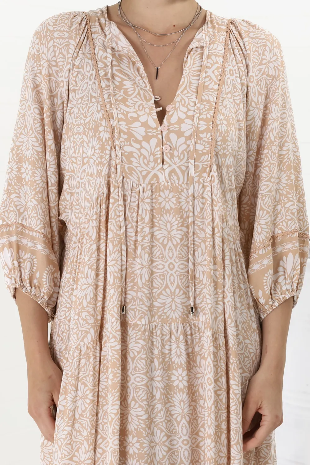Beige Patterned Half Sleeve Midi Dress