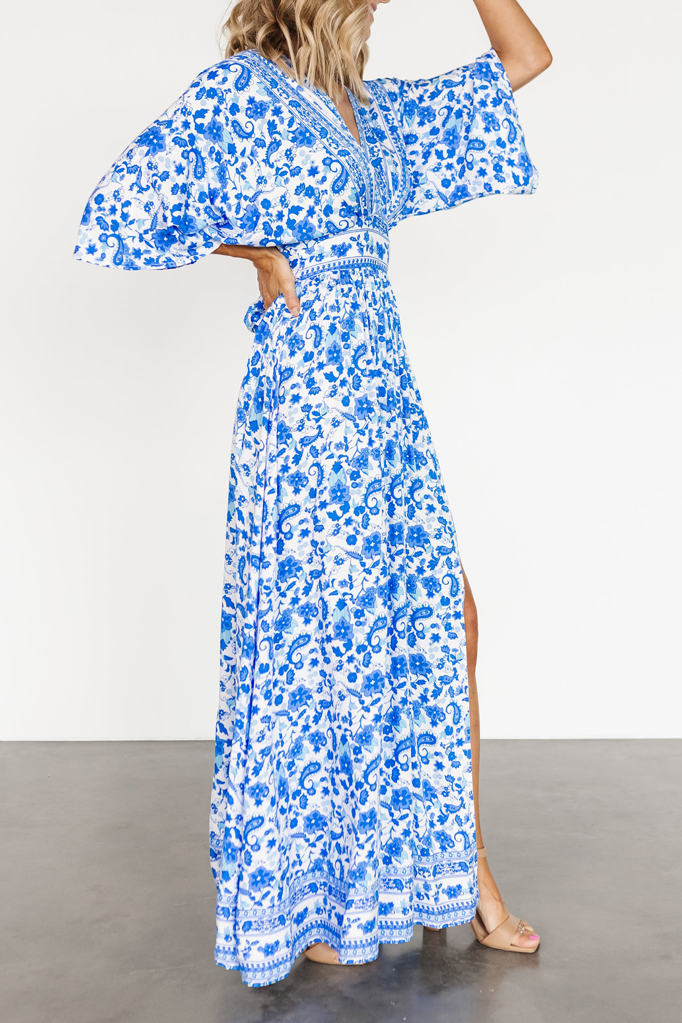 Blue Floral Slit High-Waisted  Dress
