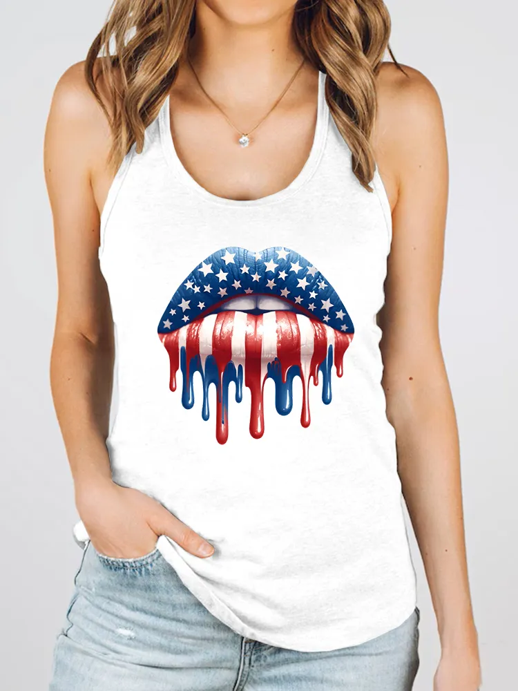 Women'S Star-Striped Lip Print Round-Necked Sleeveless Vest