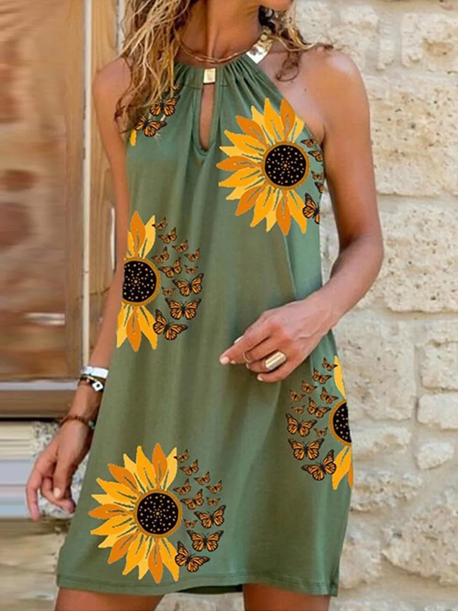 Women’s Vacation Leisure Sunflower Print Round Neck Halterneck Dress