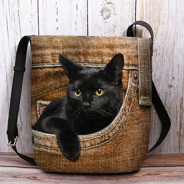 Women's Crossbody Bag Shoulder Bag Fluffy Bag Polyester Outdoor Daily Holiday Print Large Capacity Lightweight Durable Cat Yellow Red Blue