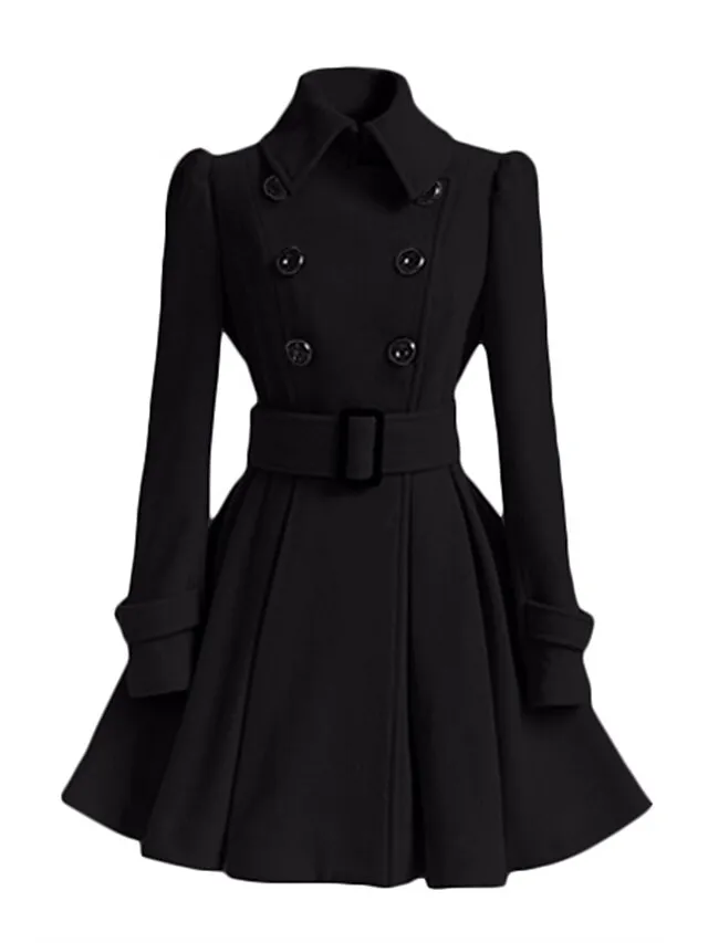 Women's Winter Coat Long Overcoat with Belt Christmas Party Xmas Wear Dress Coat Warm Double Breasted Pea Coat Fall Trench Coat Red Black Khaki Elegant Outerwear Casual Jacket