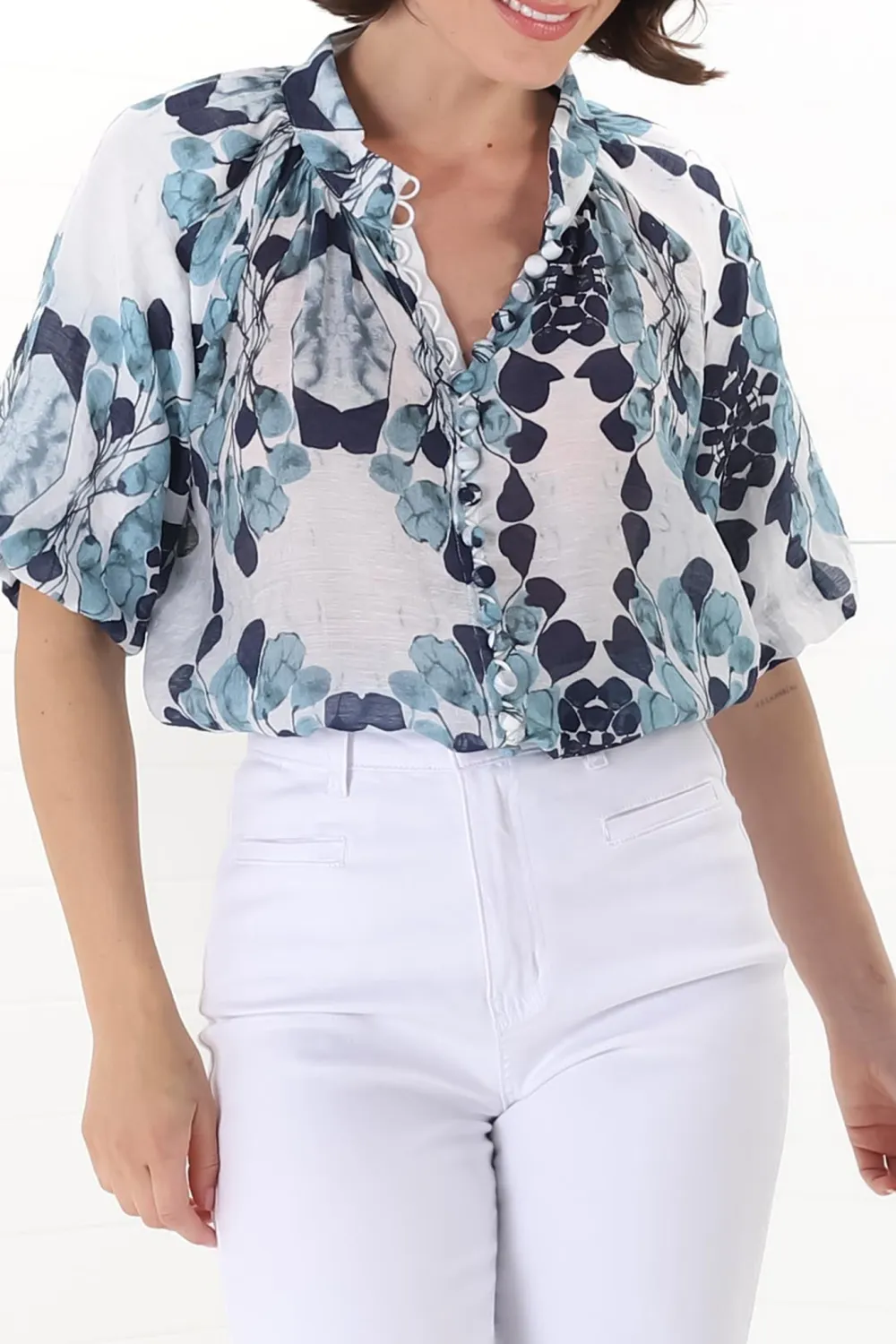 Blue Floral Print Short Sleeve Blouse