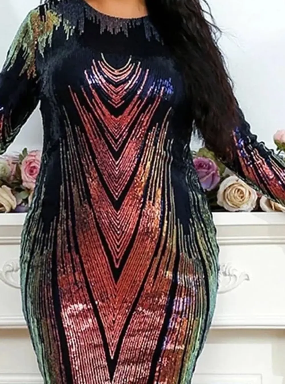 Plus Size Ombre Sequin Midi Bodycon Multicolor Prom Dress