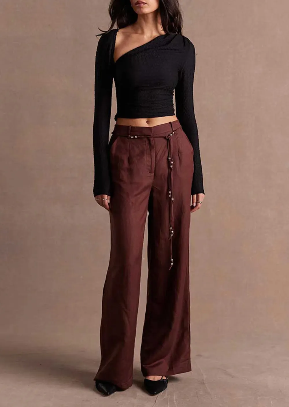 Black Cropped One Shoulder Long Sleeve Top