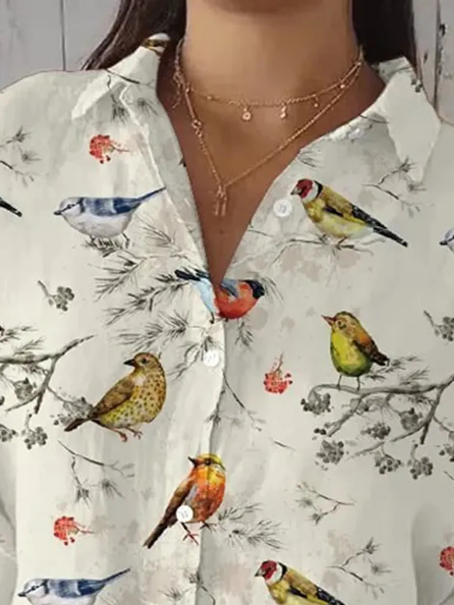 Women's Casual Forest Bird Print Shirt