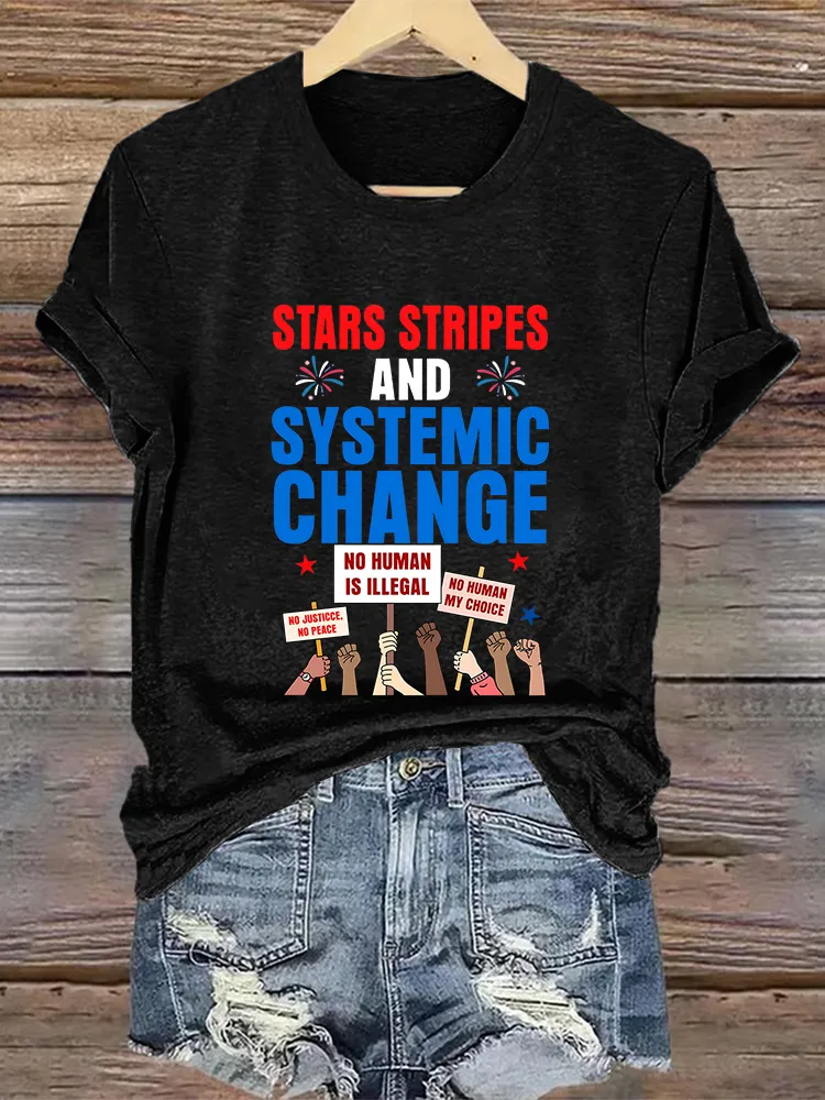 Woman'S Stars Stripes And Systemic Change Crew Neck Short Sleeve T-Shirt