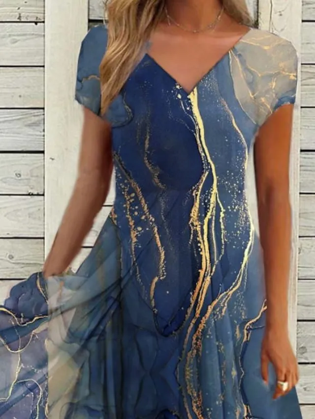 Women's Casual Dress Swing Dress Sundress Midi Dress Blue Short Sleeve Print Print Summer Spring V Neck Fashion Wedding Guest Vacation Summer Dress 2023 S M L XL XXL 3XL