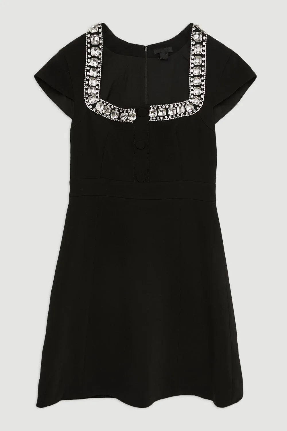 Tailored Compact Viscose Stretch Embellished Cap Sleeve Mini Dress
