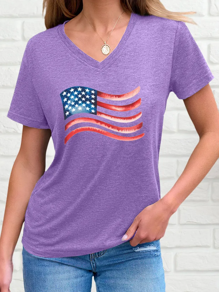 Woman'S Stars And Stripes Print V-Neck And Short Sleeves T-Shirt