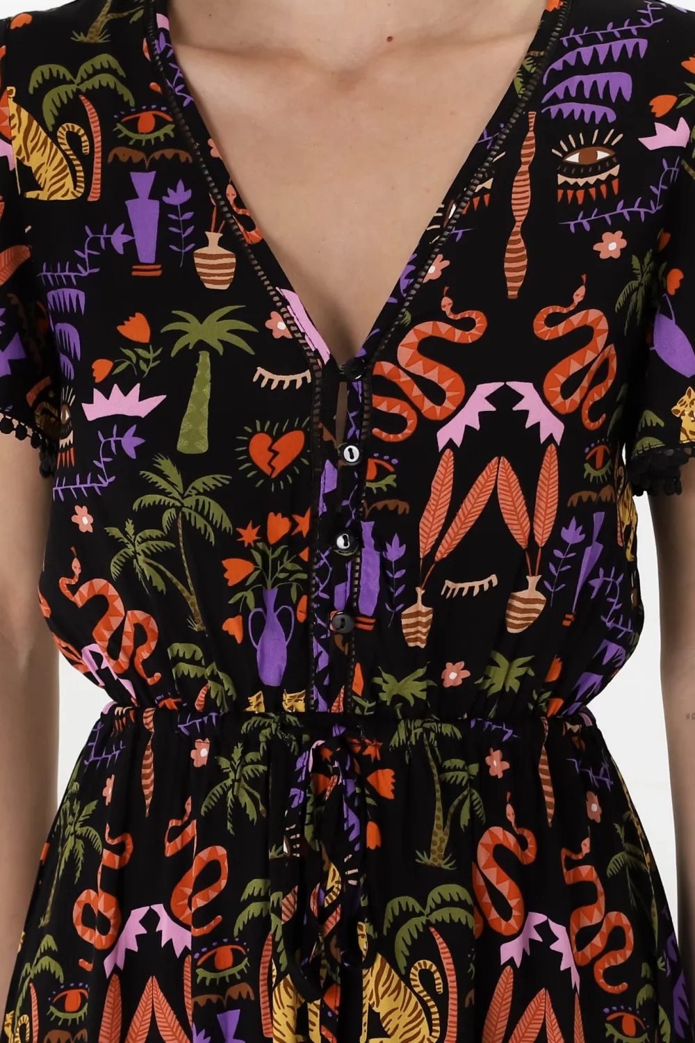 Black Colorful Print Flutter Sleeve Midi Dress