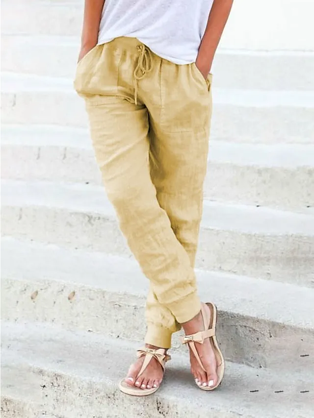 Women's Joggers Linen Pants Baggy Full Length Faux Linen Side Pockets Baggy Mid Waist Fashion Casual Weekend Yellow Army Green S M Autumn / Fall