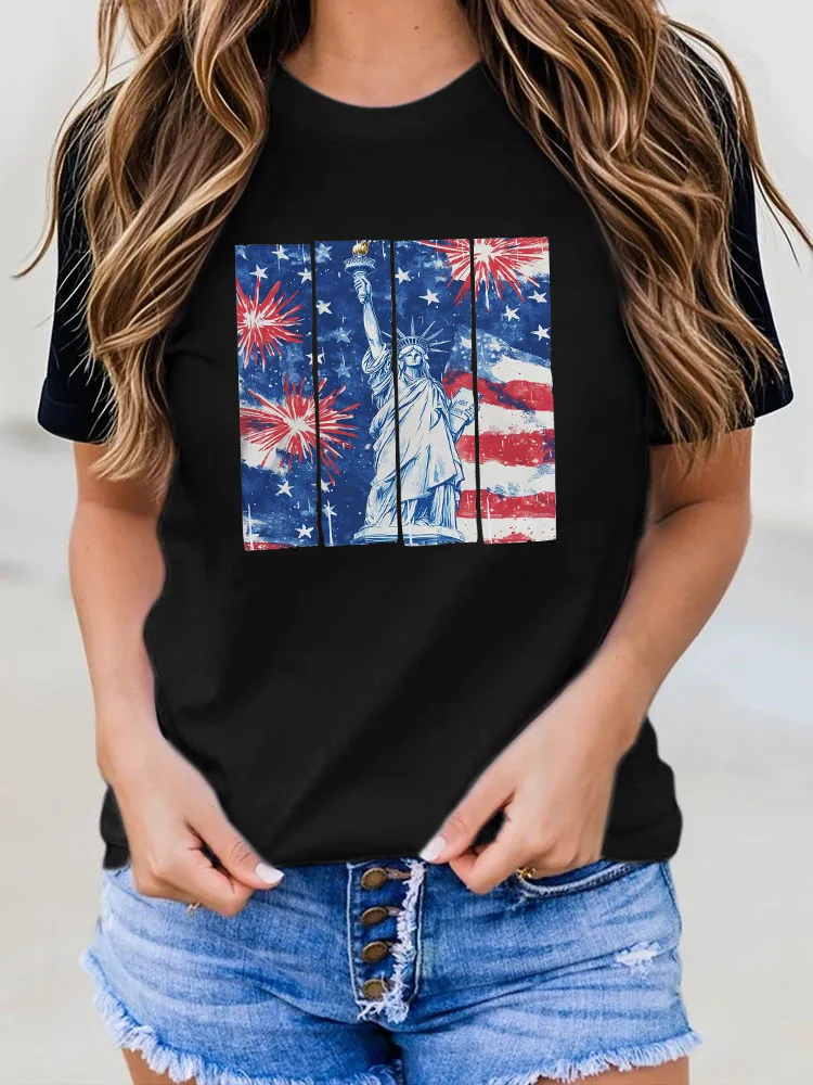 Woman'S The Print Of The Statue Of Liberty Round-Neck Short-Sleeved T-Shirt