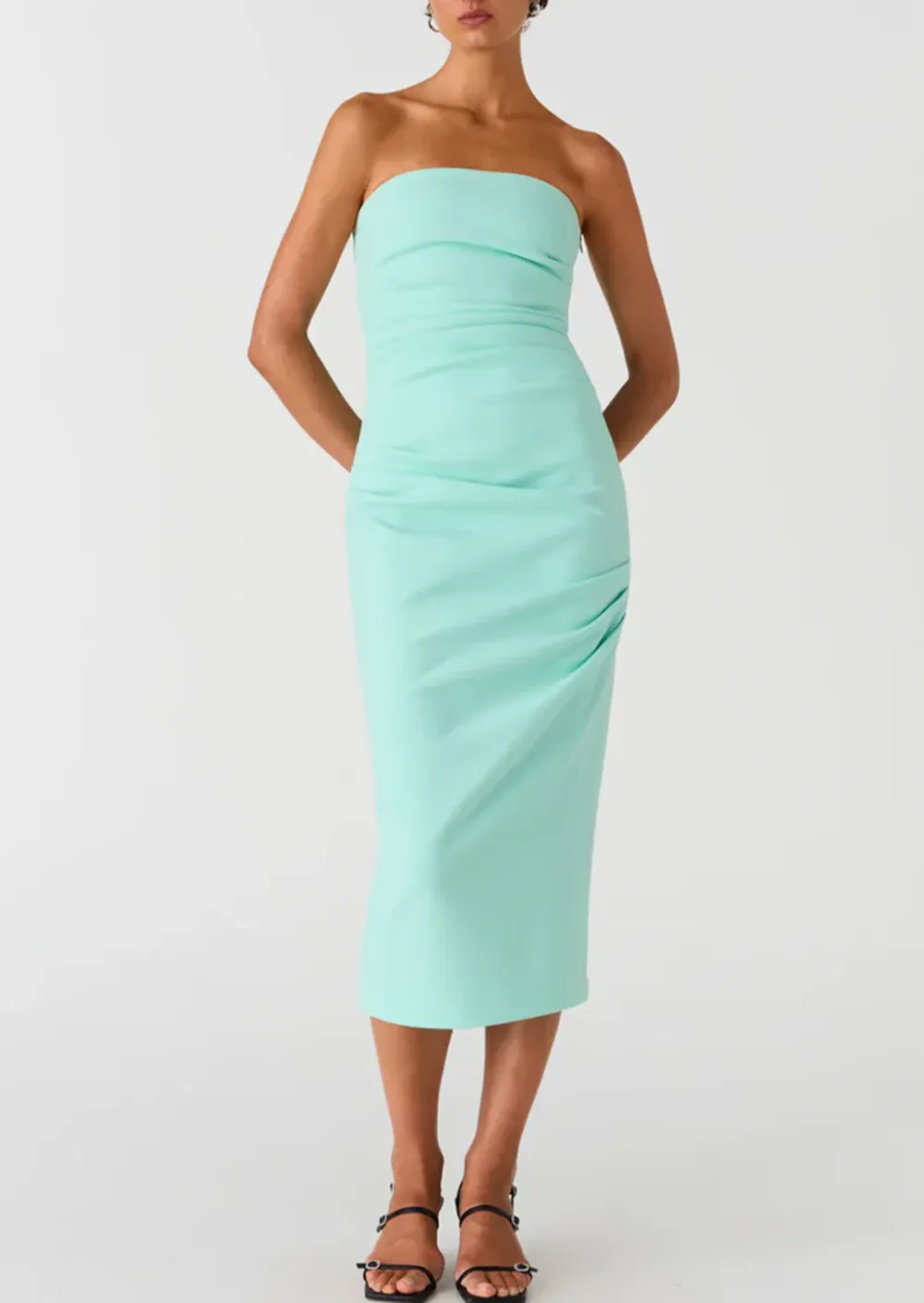 Strapless Ruched Midi Dress