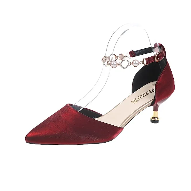 Women's Heels Sandals Heel Sandals Plus Size Ankle Strap Sandals Daily Club Summer Rhinestone Imitation Pearl Stiletto Heel Pointed Toe Elegant Sexy Satin Ankle Strap Solid Color Matte Black Black Red