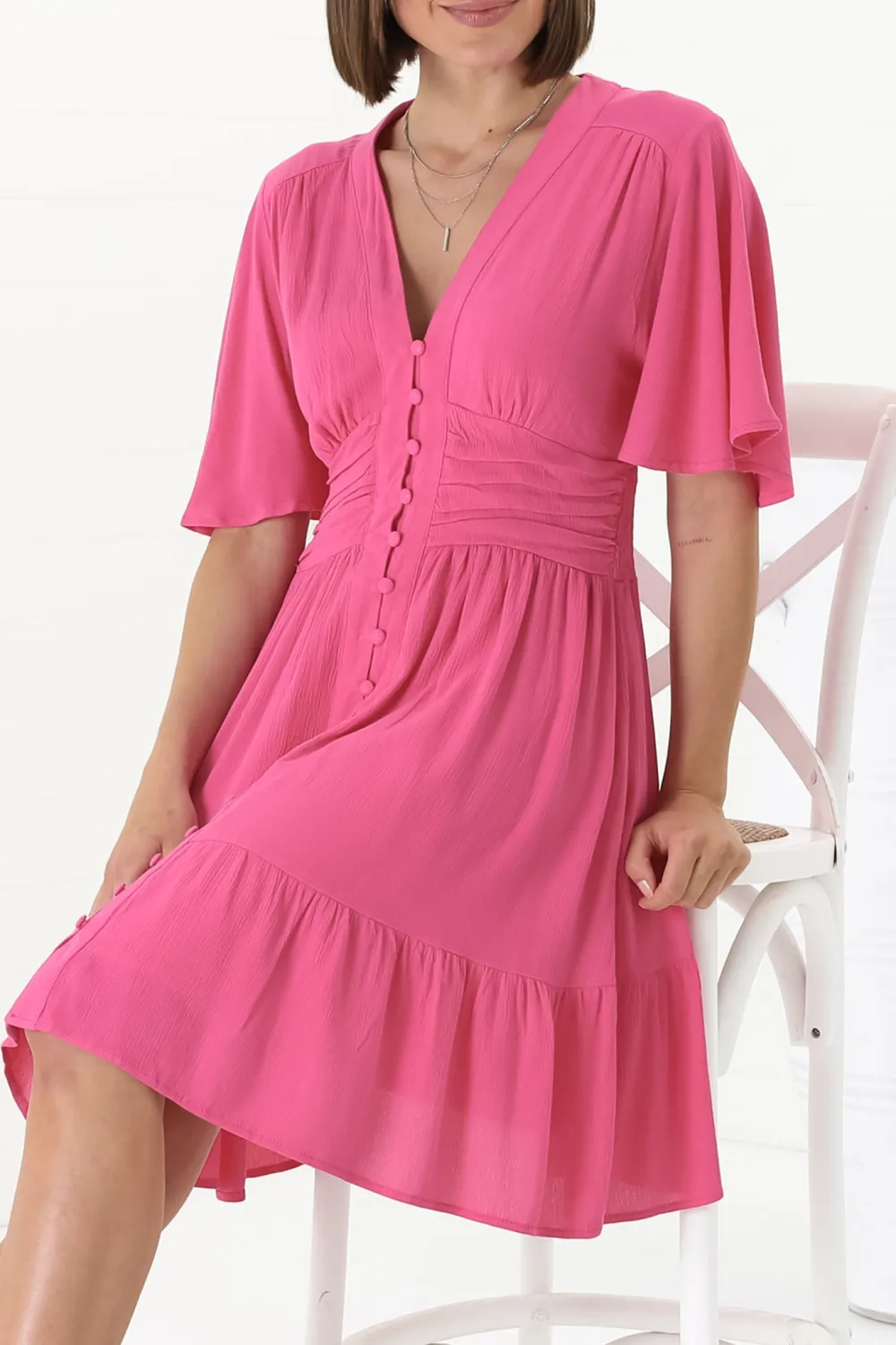 Pink V Neck Button Front Dress