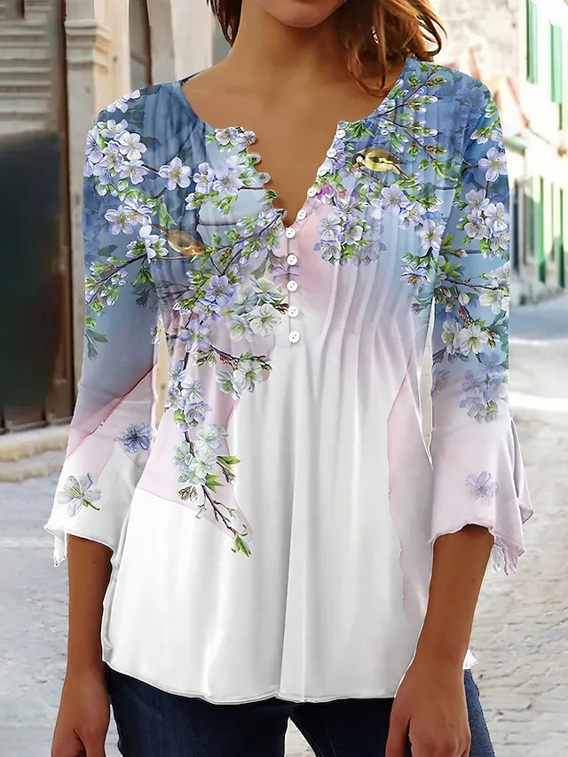 Women's Shirt Blouse Floral Blue Button Print 3/4 Length Sleeve Holiday Weekend Streetwear Casual Round Neck Regular Fit