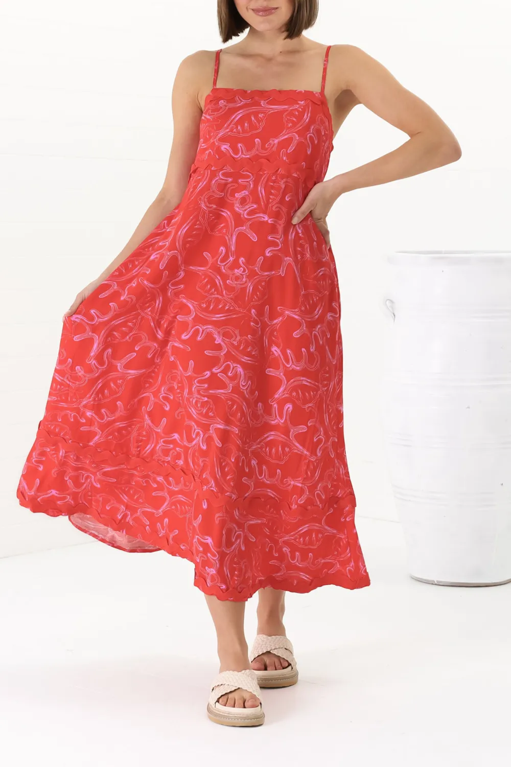 Red Patterned Asymmetric Hem Midi Dress