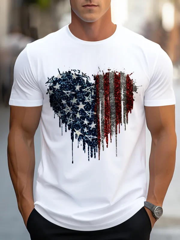 Man'S Star Stripe Heart Round-Neck Short-Sleeved T-Shirt