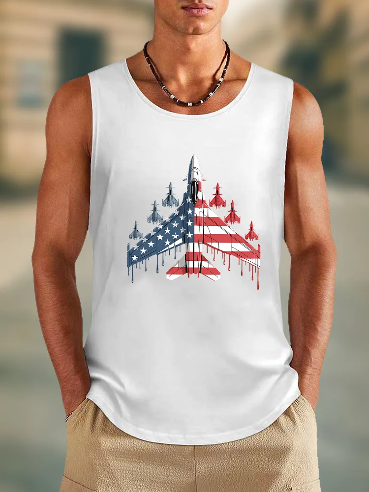 Men'S Stars And Stripes Airplane Print Round-Necked Sleeveless Vest