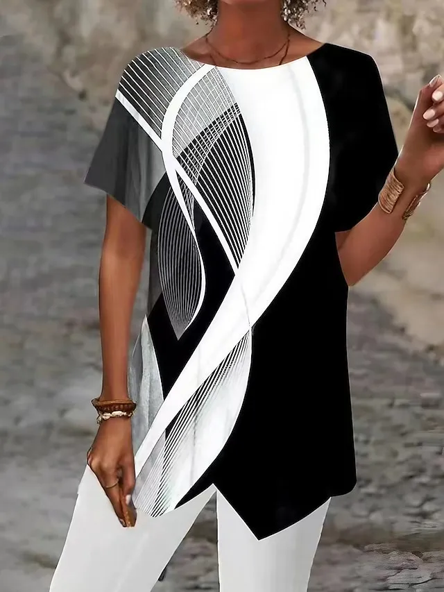 Women's Shirt Blouse Silver Black White Graphic Abstract Asymmetric Print Short Sleeve Casual Basic Round Neck Regular Fit