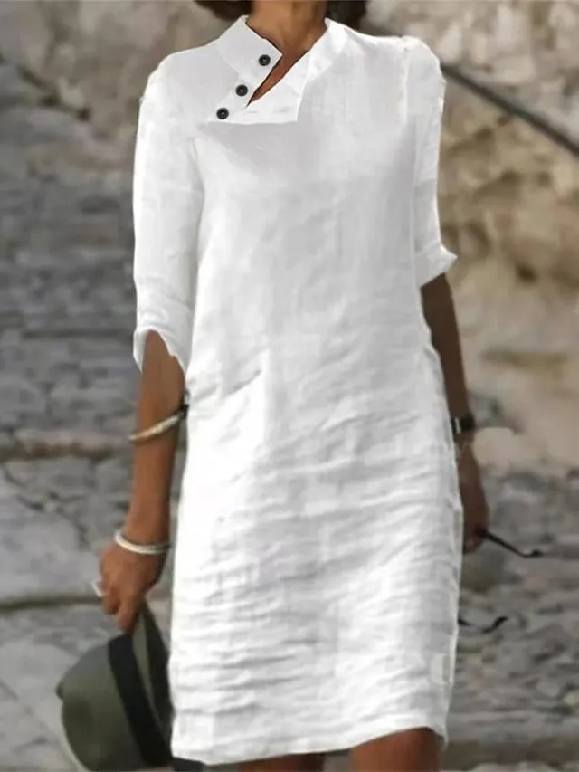 Women‘s Cotton Linen Dress Shirt Dress Casual Dress Shift Dress Midi Dress Cotton Blend Fashion Basic Outdoor Daily Vacation Stand Collar Button Half Sleeve Summer Spring 2023 Black White Blue Plain
