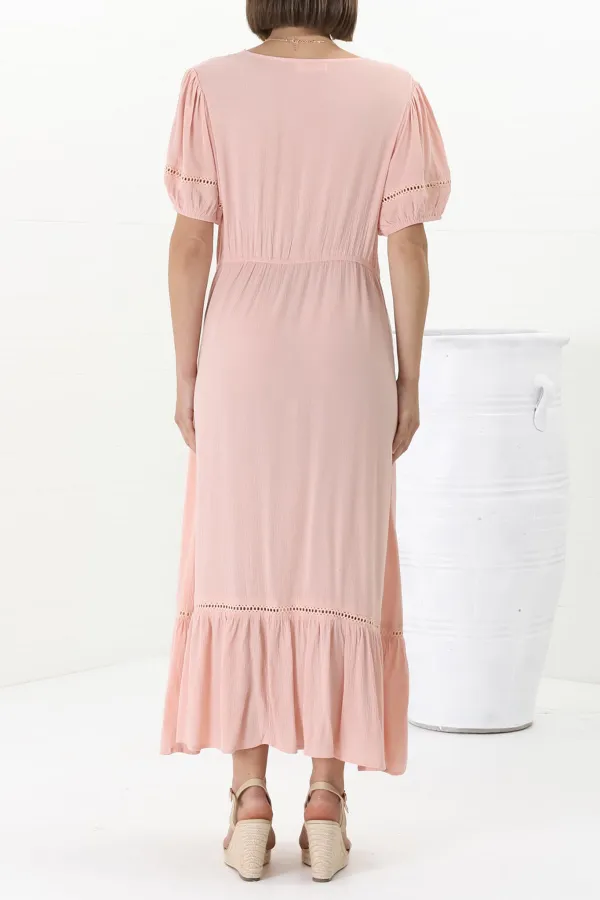 Pink V Neck Puff Sleeve Ruffled Maxi Dress