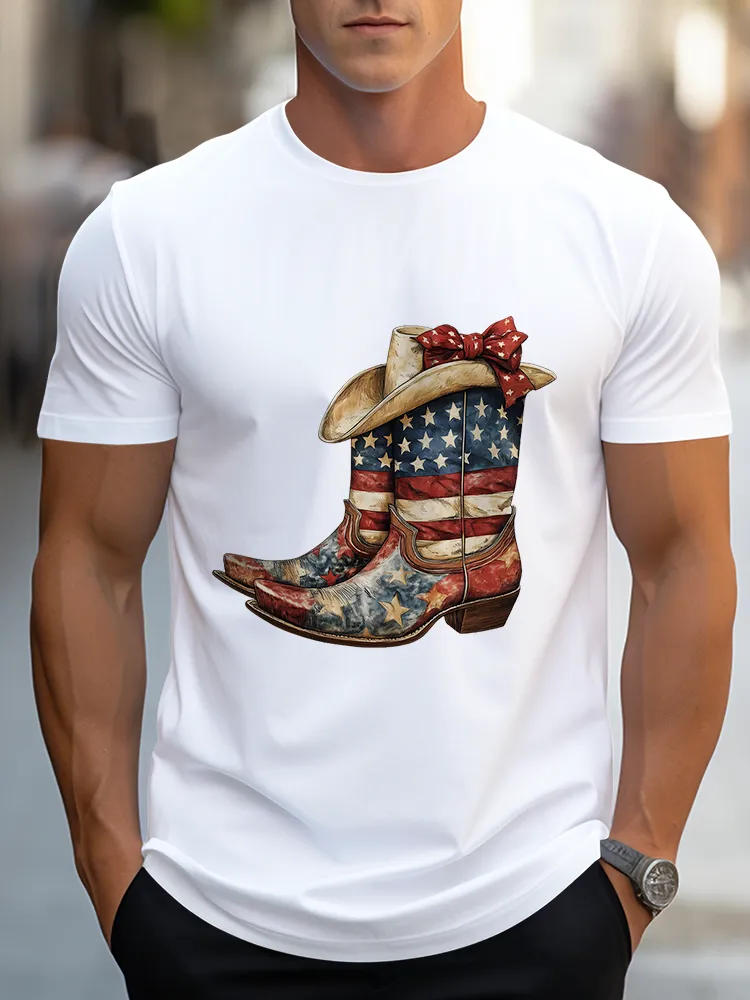 Man'S Star-Striped Western Boot Print Round-Neck Short-Sleeved T-Shirt