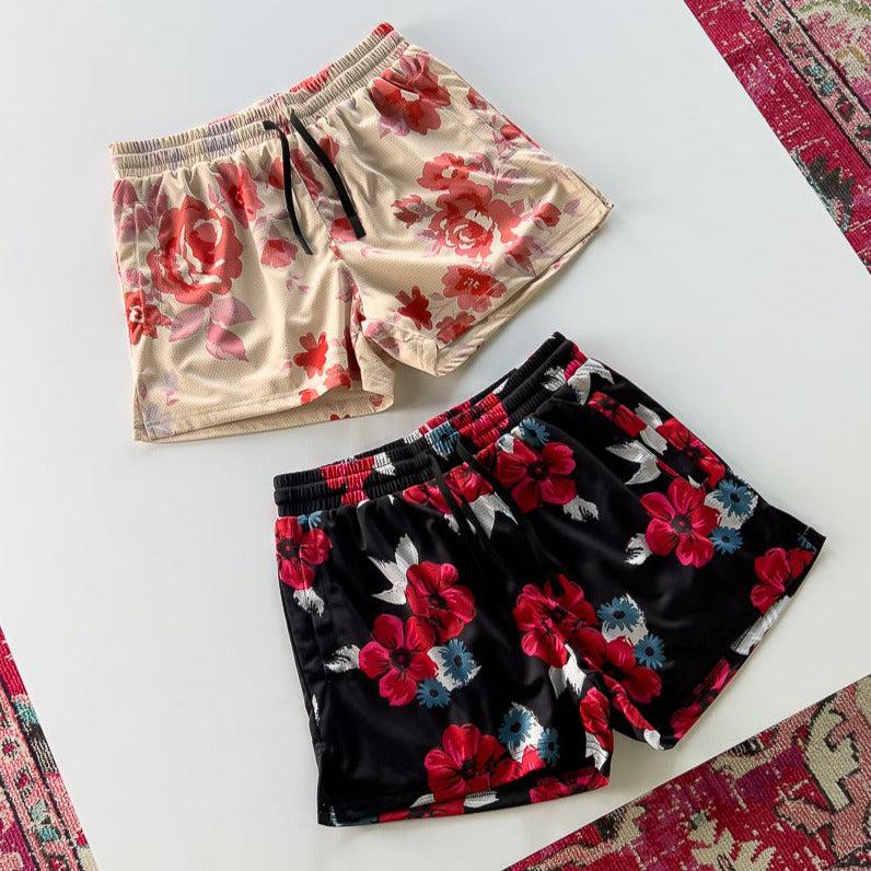 MUAY THAI SHORTS (MID THIGH CUT) FLORAL - CREAM