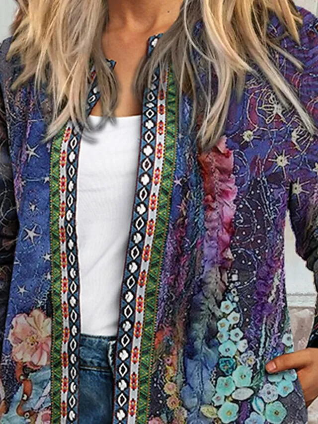 Women's Casual Jacket Floral Print Fall Winter Regular Coat Regular Fit Casual Baroque Jacket Long Sleeve Blue Daily Holiday
