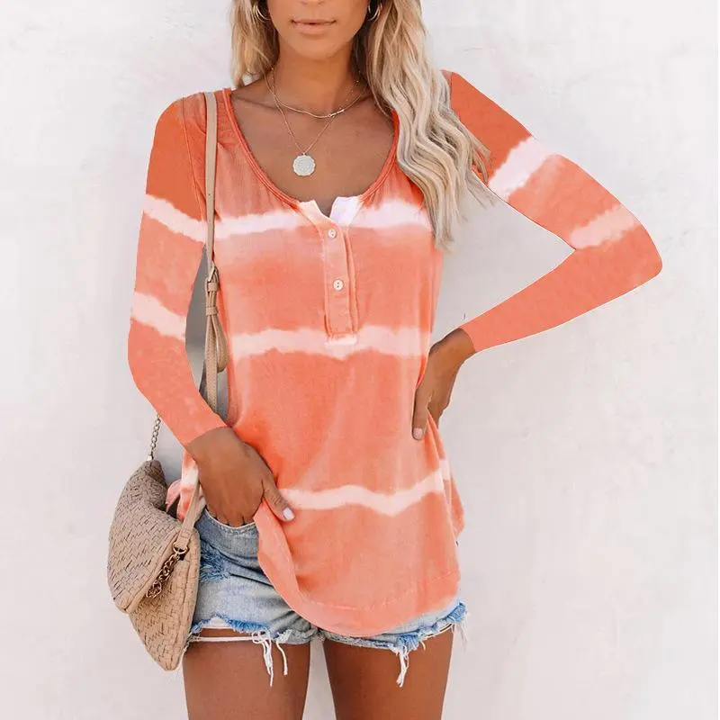 Button Tie Dye Large Size Long Sleeve T-Shirt