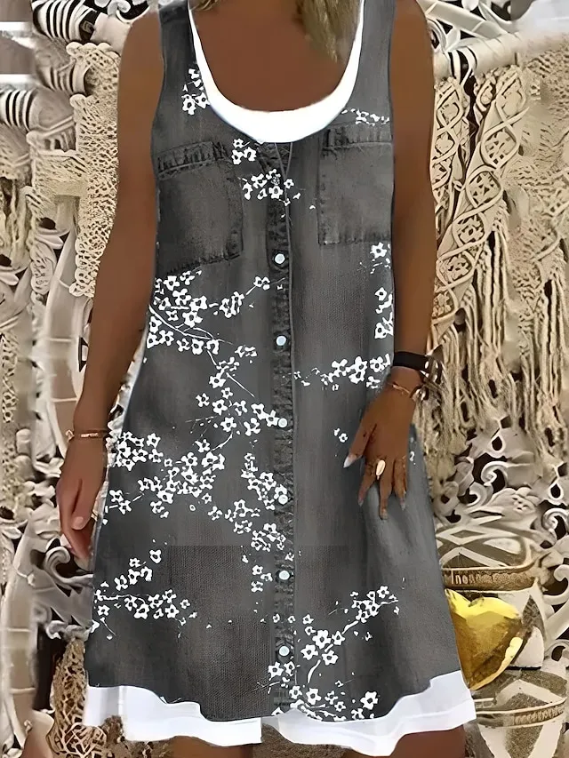 Women's Shift Dress Midi Dress Gray Sleeveless Floral Fake two piece Summer Spring Crew Neck Modern 2023 5XL