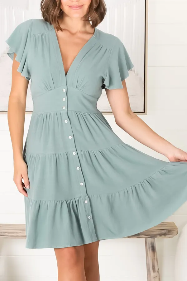 Light Green Ruffled Tiered Button Front Dress