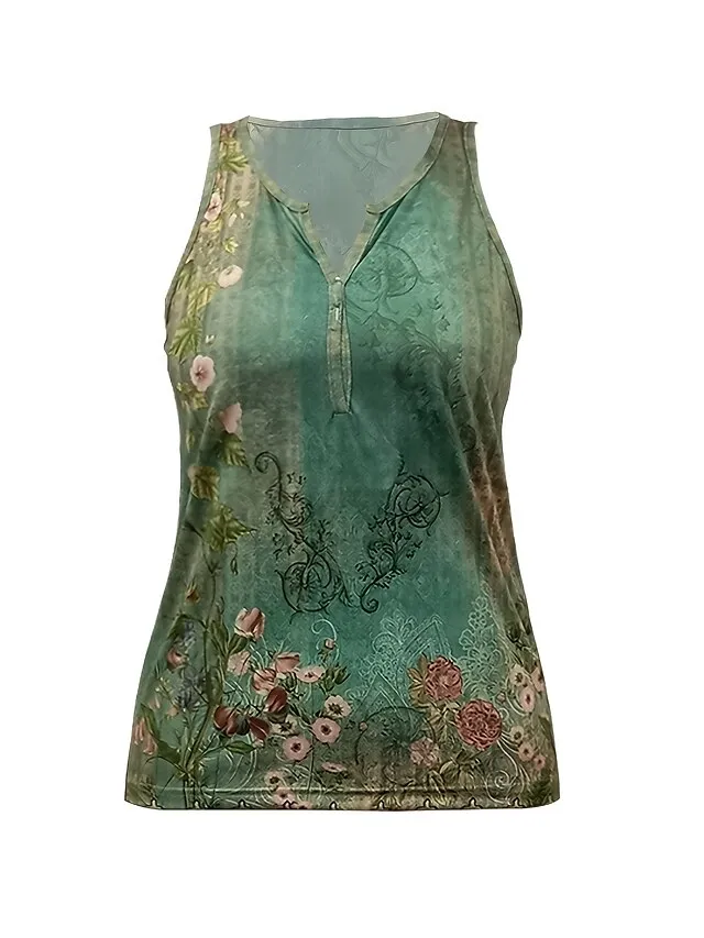 Women's Tank Top White Red Blue Floral Button Print Short Sleeve Casual Holiday Basic V Neck Regular Fit Floral