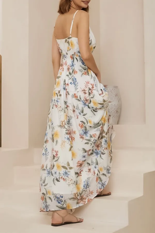 White Floral Print Tiered Maxi Dress