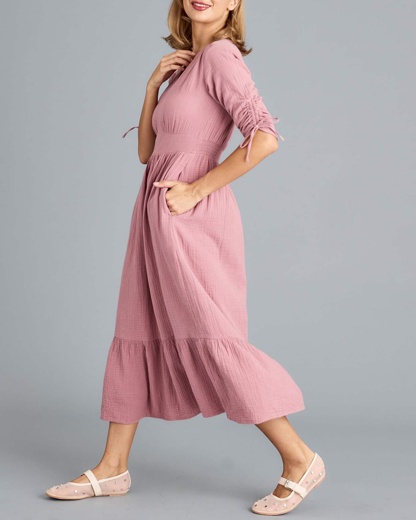 Pink Side Pockets Midi Dress