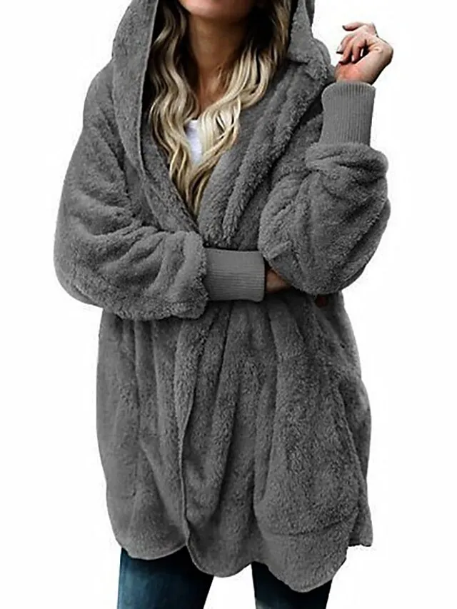 Women's Fleece Jacket Sherpa Jacket Teddy Coat Coat Outdoor Street Daily Fall Winter Long Coat Regular Fit Warm Breathable Casual Jacket Long Sleeve Solid Color Pocket with Pockets Black White Pink