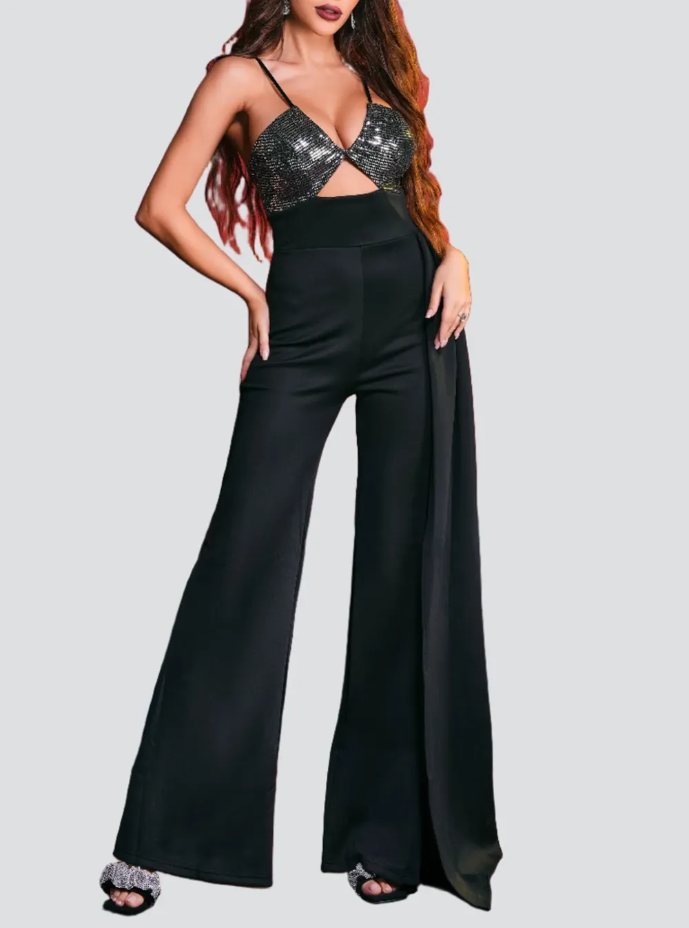 Draped Spaghetti Strap Corset Black Jumpsuit