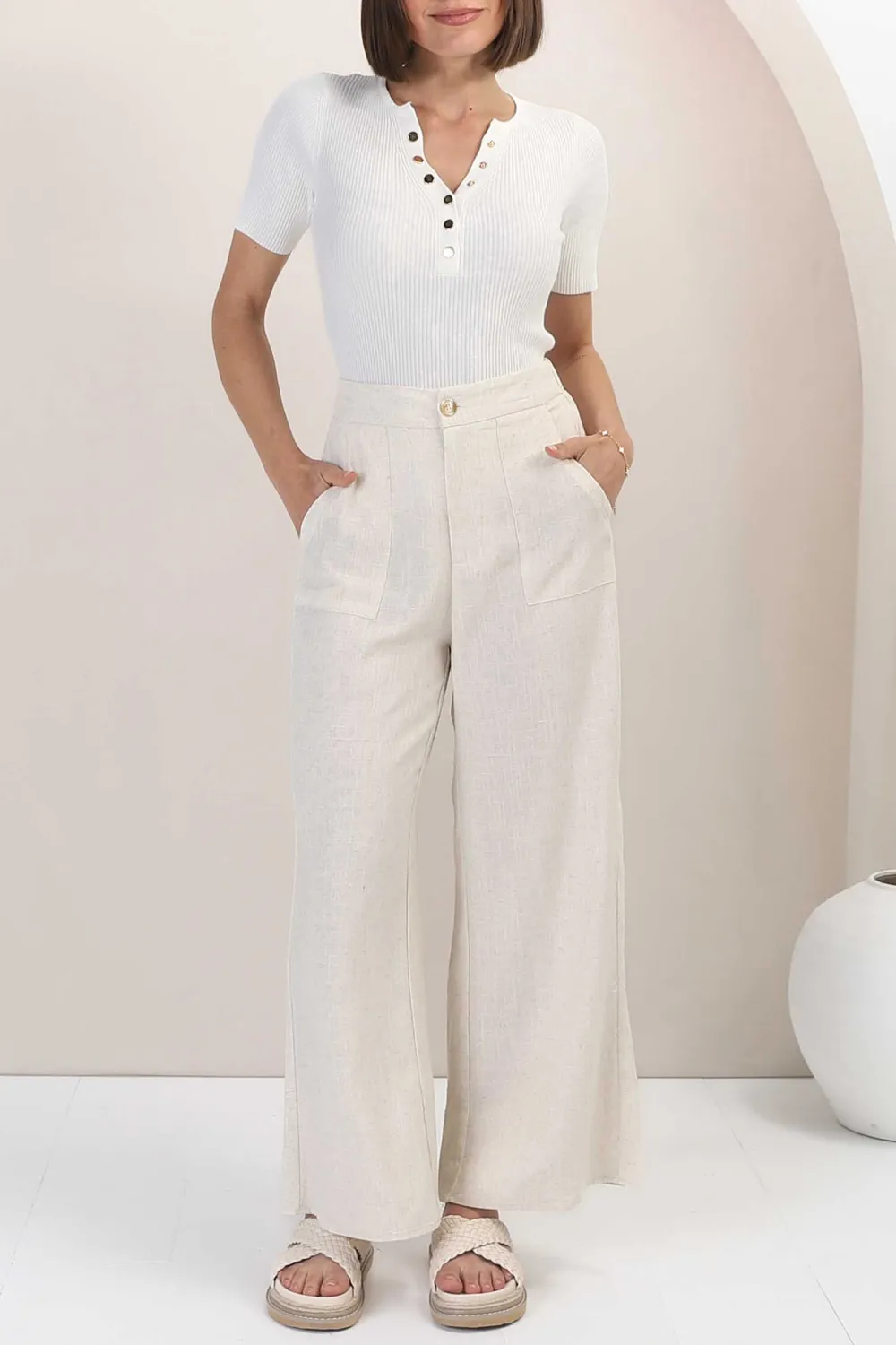 Beige High Waist Wide Leg Linen Pants