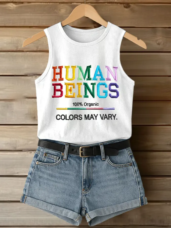 Retro Human Beings 100% Organic Colors May Vary Human Rights Equality Pride Print Tops Tank
