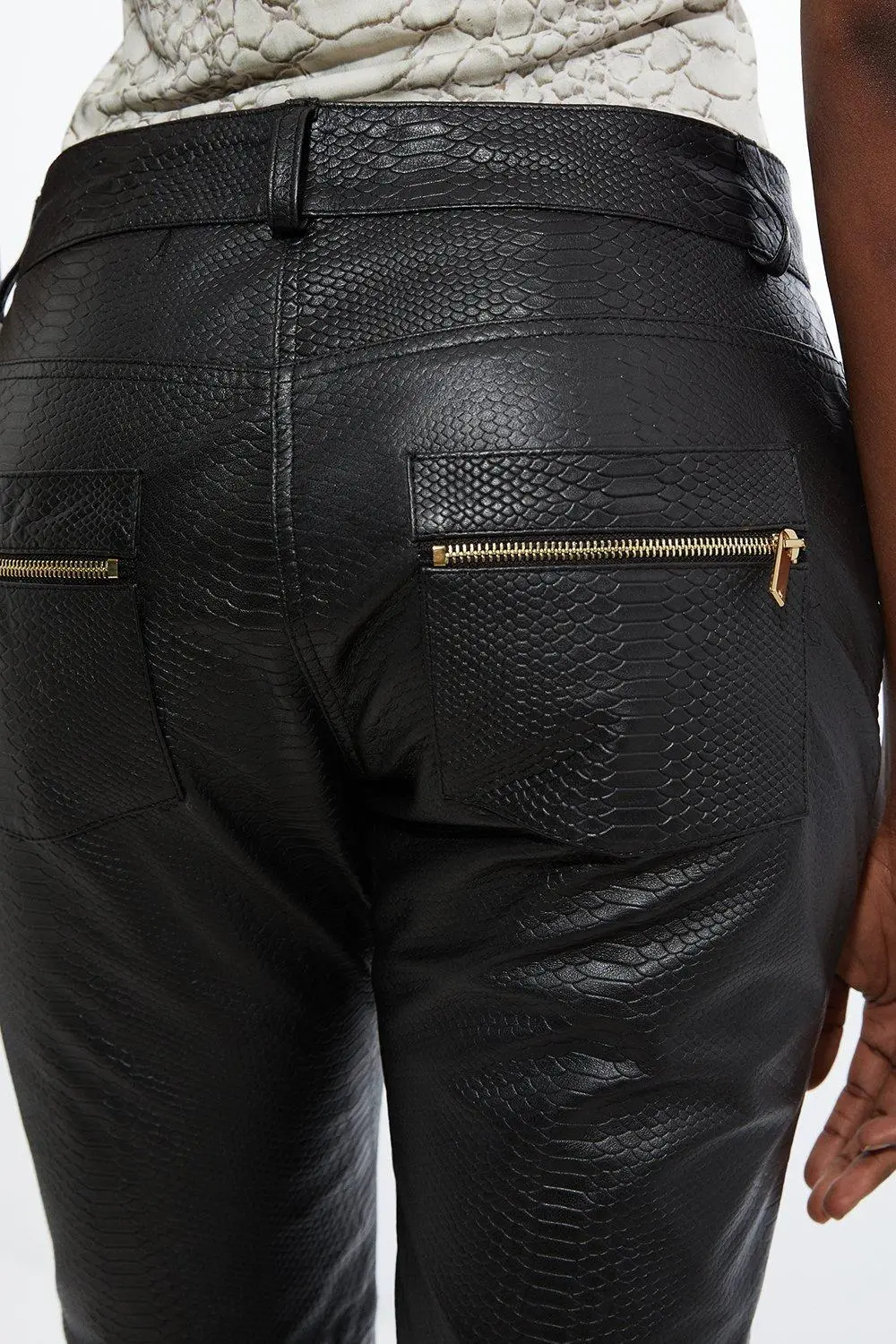 Snake Print Leather Slim Leg Low Rise Trousers