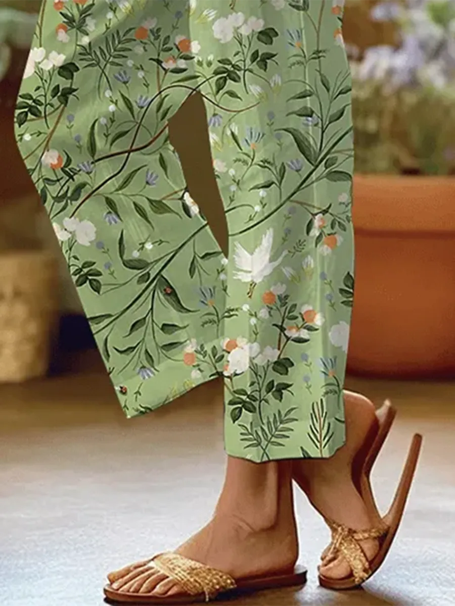 Women's Forest Floral Print Casual Pants (With Pockets)