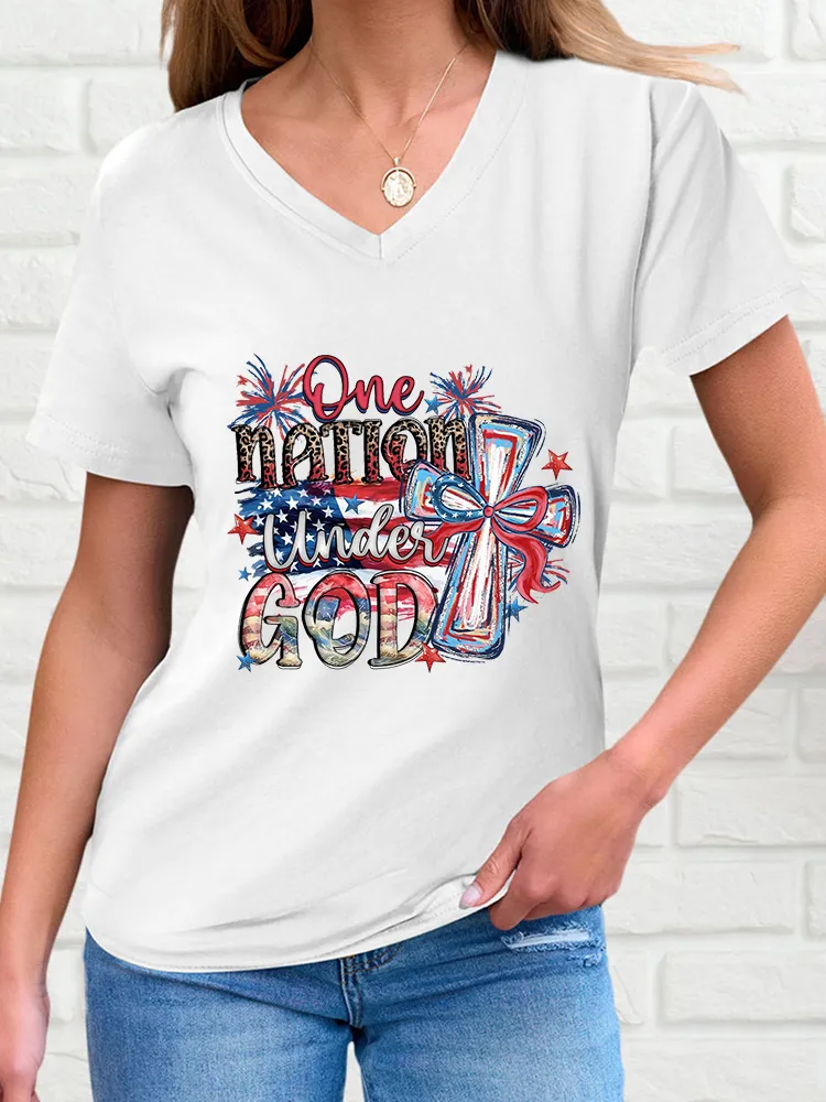 Woman'S One Nation Under God V-Neck And Short Sleeves T-Shirt