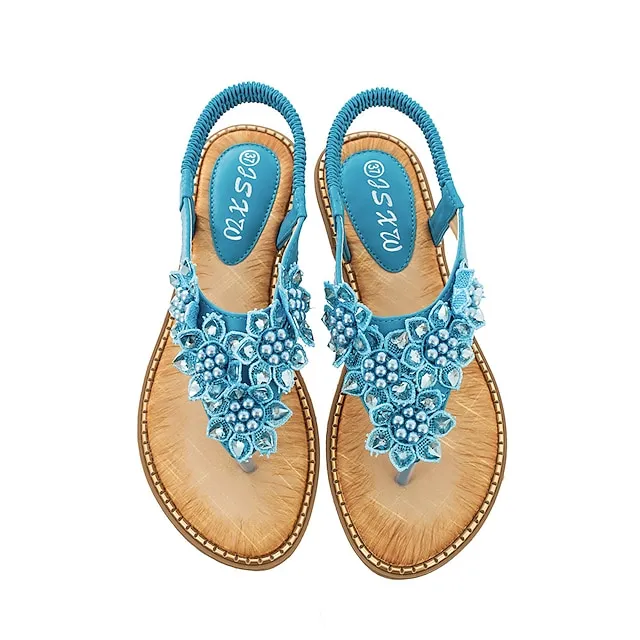 Women's Sandals Flat Sandals Party Beach Summer Rhinestone Flat Heel Round Toe Open Toe Elegant Casual PU Leather Elastic Band Solid Colored Almond Black White
