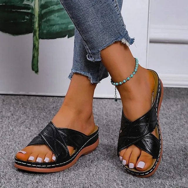 Women's Sandals Flat Sandals Orthopedic Sandals Bunion Sandals Outdoor Daily Beach Summer Flat Heel Round Toe Open Toe Classic Minimalism Walking Shoes Synthetics Loafer Solid Colored Black Red Brown